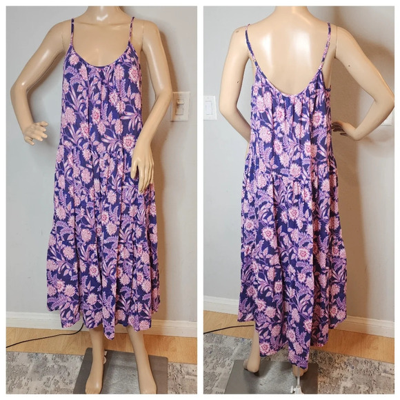 XiRENA Tierney Cotton Sleeveless Tiered Midi Dress Navy purple pink Sz M pockets - Picture 6 of 16